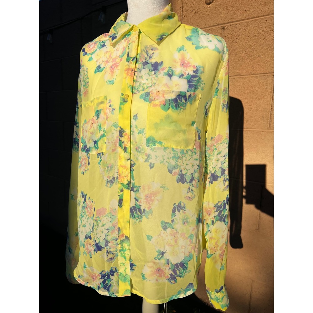 Decree Yellow Floral Button Down Blouse Long Sleeve Sheer Top Medium NWT